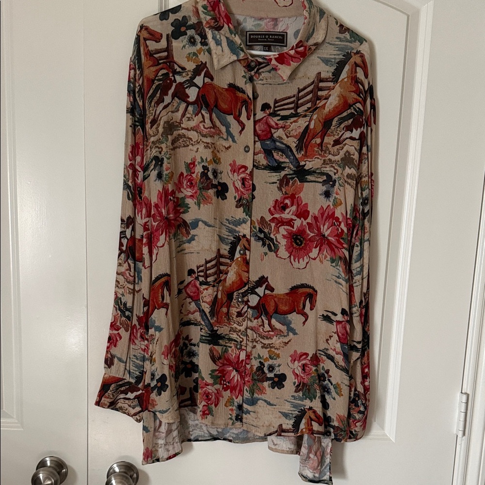 Double D Ranch Women's Equestrian Floral Button Down Shirt - Red and Cream